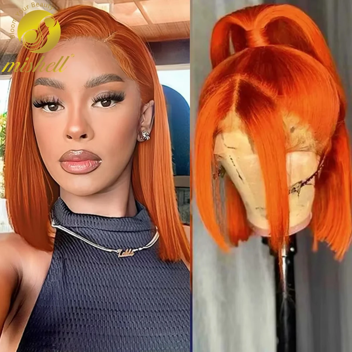 

350# Ginger Orange Bob Wig Human Hair 200% Density 13x4 Transparent Straight Lace Front Wig Pre Plucked with Baby Hair for Women