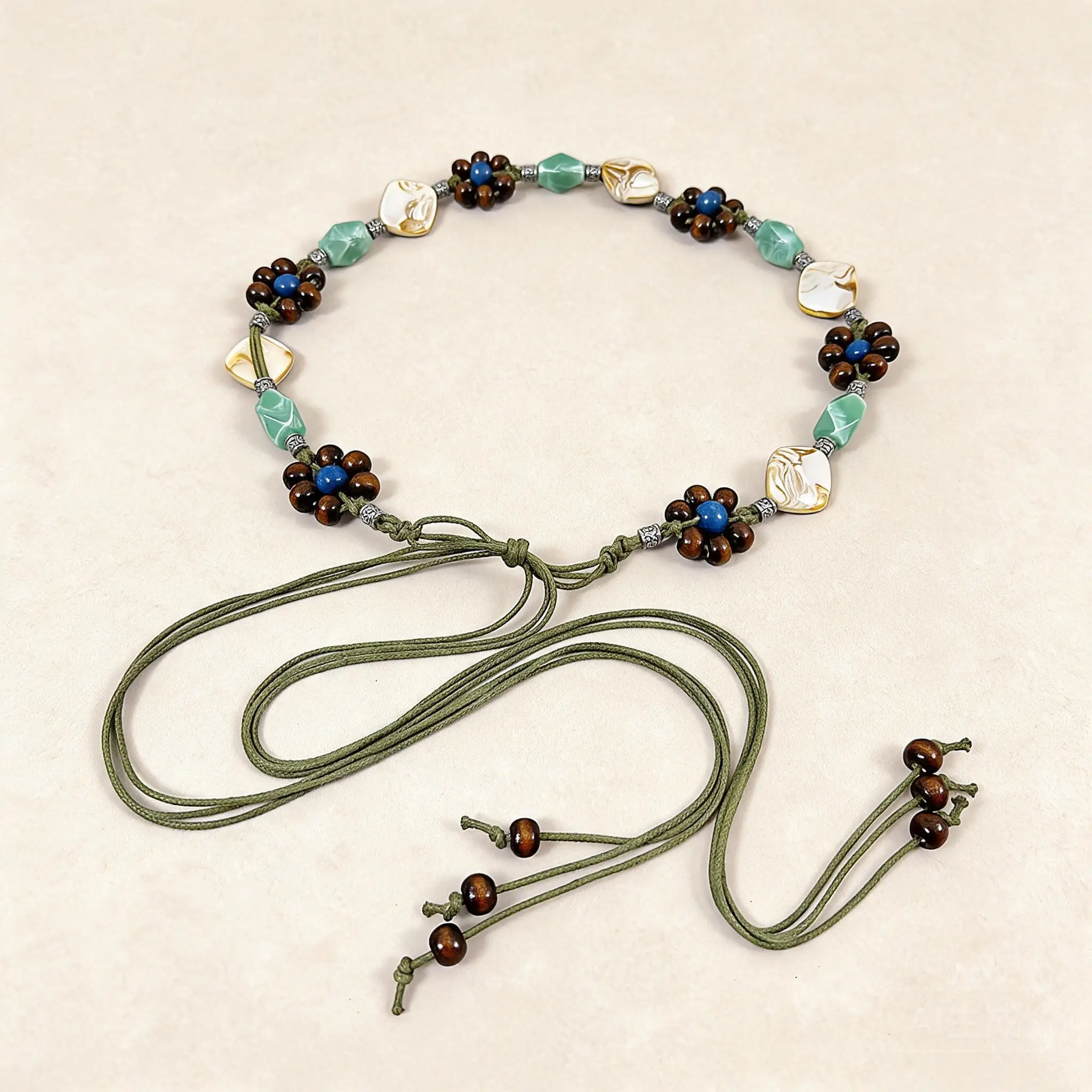Dark Green Boho Braided Waist Belt For Women Vintage Ethnic Beaded Tassel Waist Chain For Dress Jeans Skirt All Match Accessory