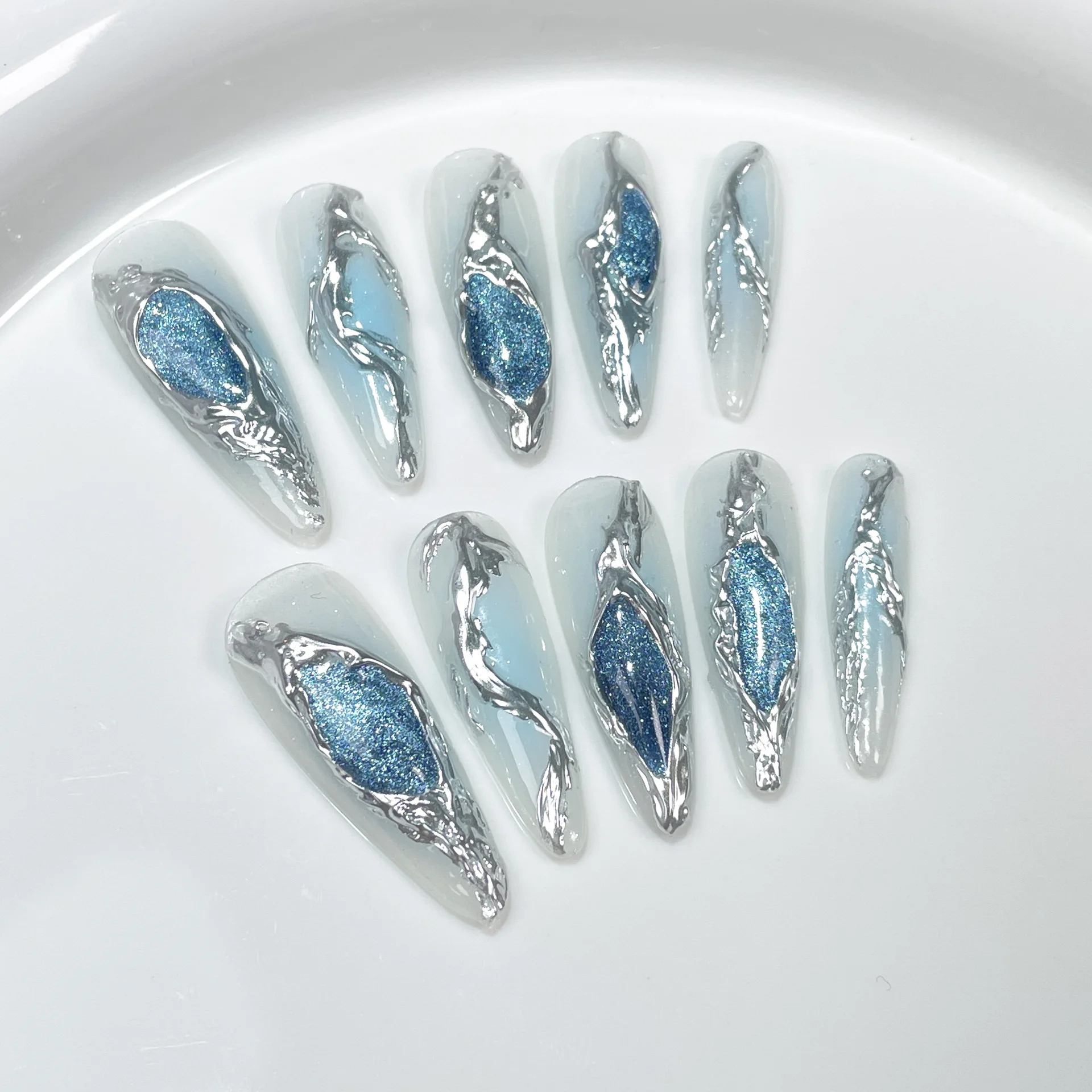 10Pcs Long Stiletto Blue Fake Nails Handmade Heavy Metal Press on Nails Glitter Wearable False Nails Y2K Girls DIY Manicure