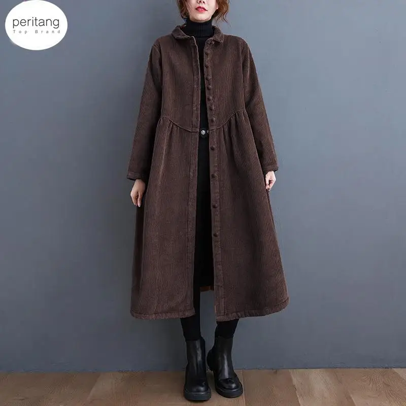 

PERITANG long sleeve corduroy oversized vintage hooded casual loose autumn spring winter trench coat for women clothes Outerwear