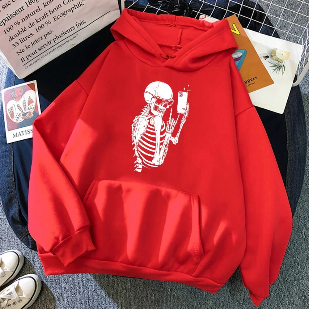 Plus Size Skeleton : Watch My Cool Selfie Pattern Hoody Women Man Crewneck Fleece Clothing Autumn Winter Hoodie Hoodies