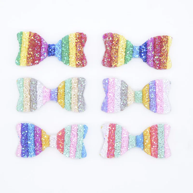 Wholesale 30Pcs 6CM Bling Pipe Rainbow Bow Tie Applique for DIY Clothes Shoes Hats Decor Headwear Hairpin Accessory Patches