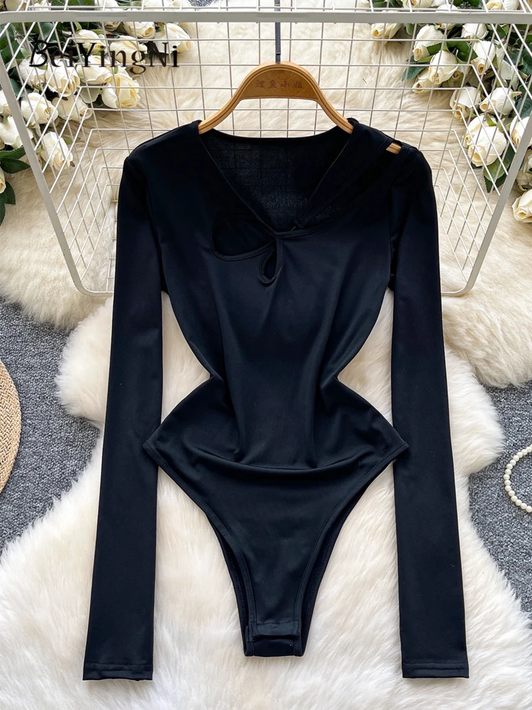 

Beiyingni 2026 Spring Summer Black Jumpsuits Female Commute Slim Fit Hollow Out O-neck Long Sleeve Bodysuit Women Casual Outfits