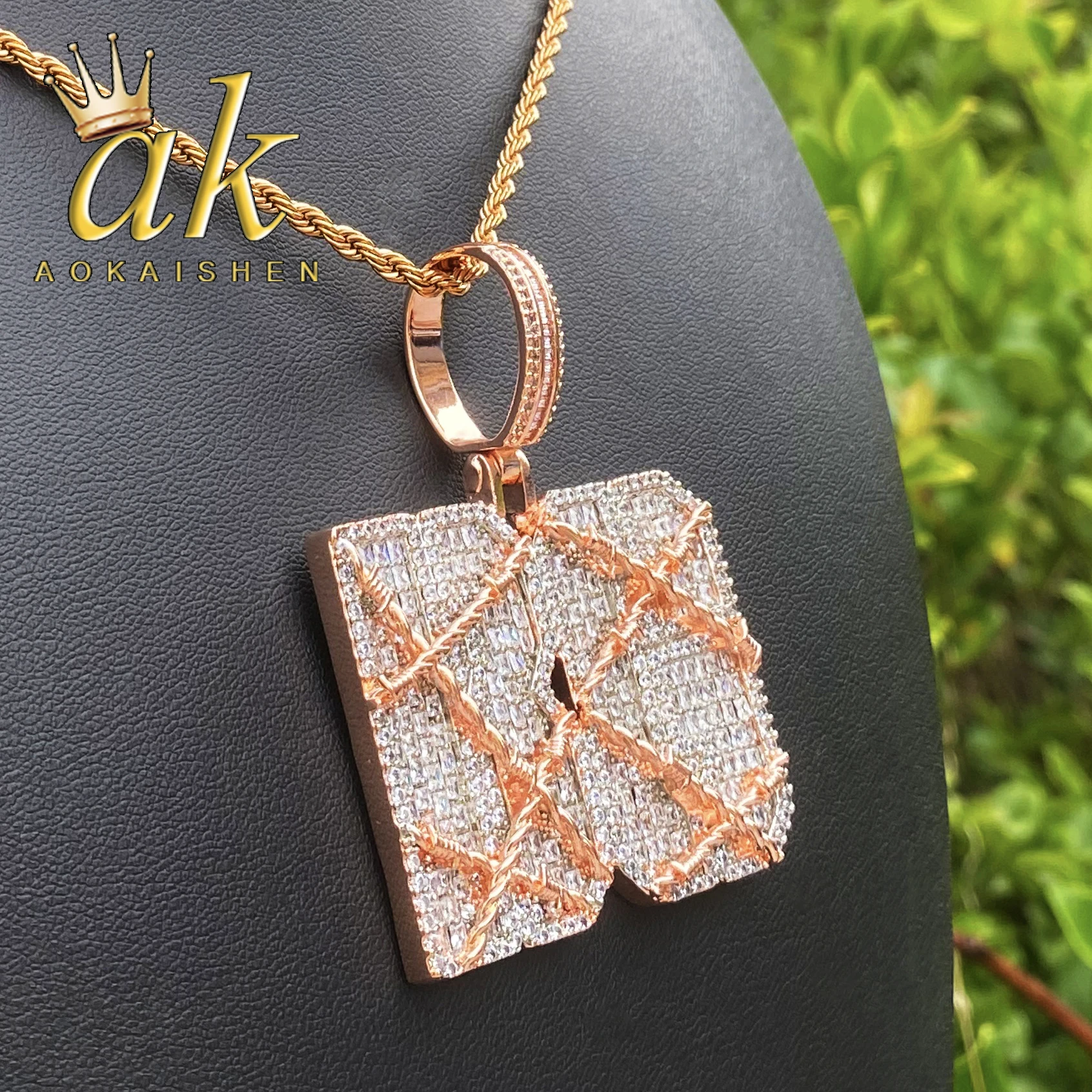 

Aokaishen Iced Out Barbed Wire Custom Name Necklace Pendant for Men Real Gold Plated Hip Hop Jewelry