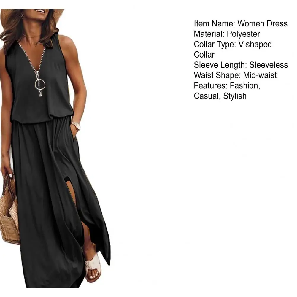 فستان نسائي صيفي طويل بدون أكمام كاجوال بسحاب أمامي ورقبة على شكل V فستان ماكسي مع جيب مطوي سبليت بوهو ميدي فستان فيستدو