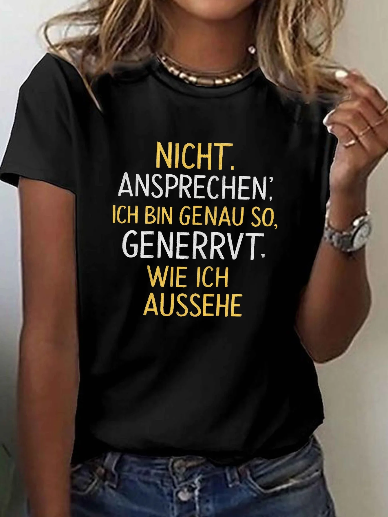 Not Address Text in German Print T-Shirt, Short Sleeve Crew Neck Casual Top for Summer & Spring, Women'S Clothing