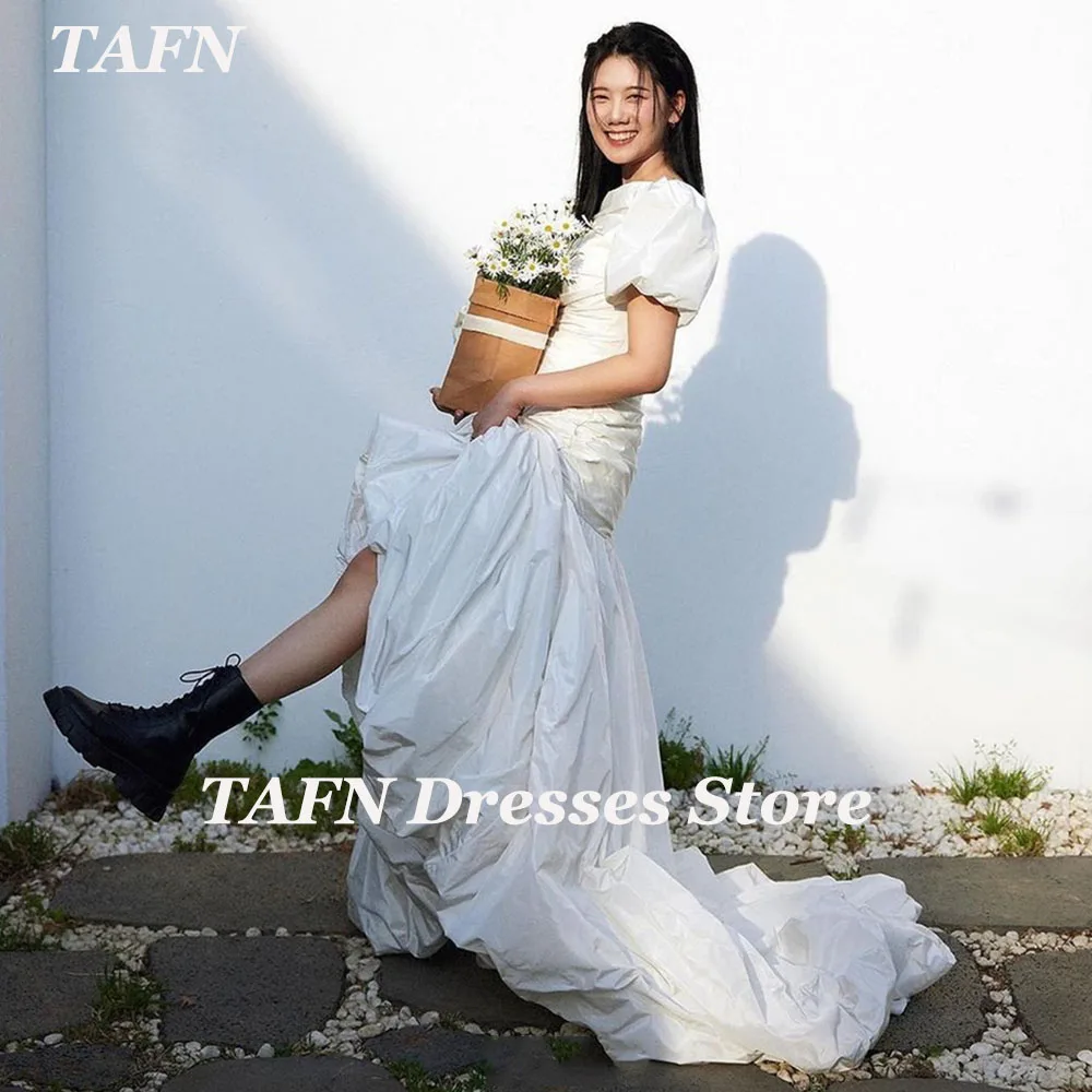 

TAFN O-Neck Short Sleeves Wedding Dresses A-line Elegant Bridal Gown Sweep Train Korea Photo Shoot Dresses Custom Made