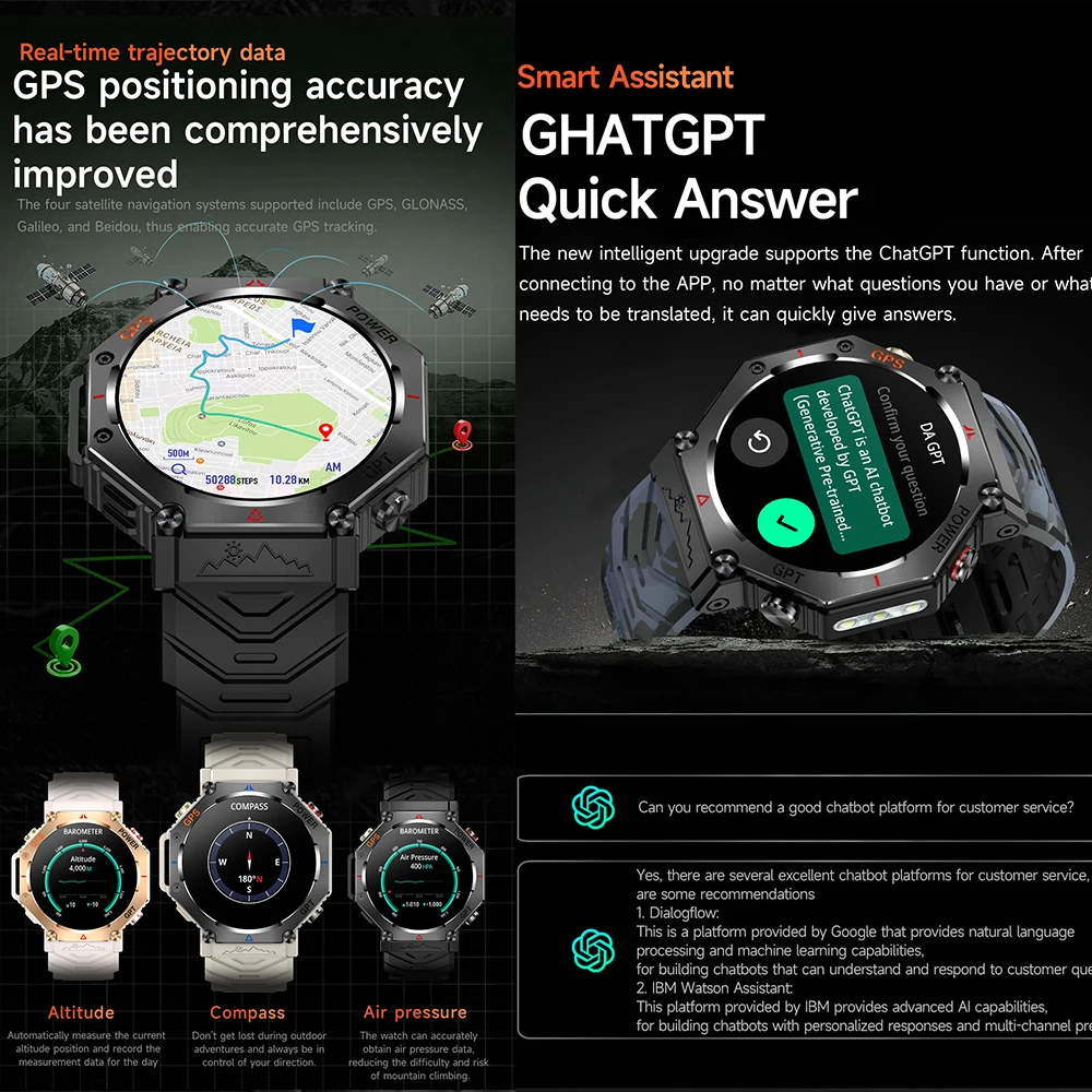 KC91 GPS تحديد المواقع ساعة ذكية في الهواء الطلق مصباح يدوي 1.39 "HD عرض AI ساعة الوجه GPT 3ATM مقاوم للماء بلوتوث دعوة Smartwatch #3