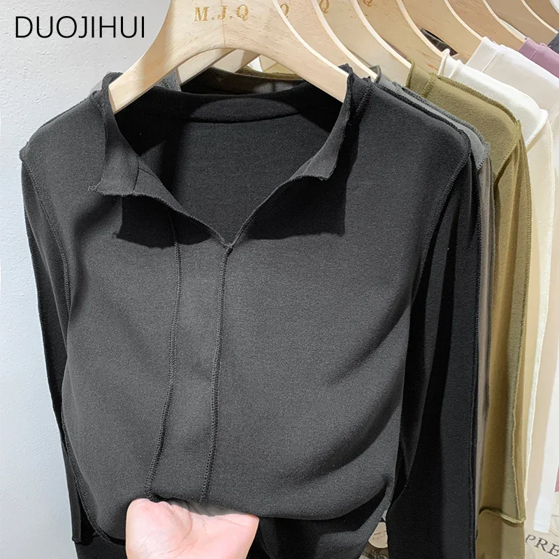 DUOJIHUI Apricot Chic V-neck Simple Slim Women T-shirts Autumn New Pure Color Fashion Casual Classic Long Sleeve Female T-shirts