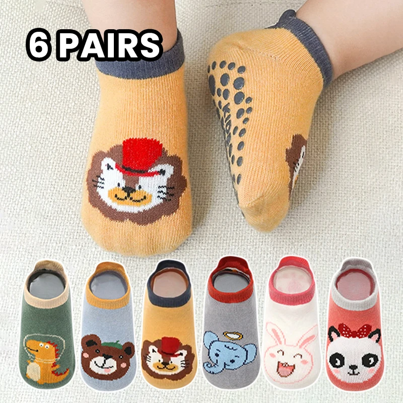 6 Pairs Cartoon Animal Anti-Slip Baby Socks, Children's Glue-Attached Baby Walking Socks, Trampoline Socks