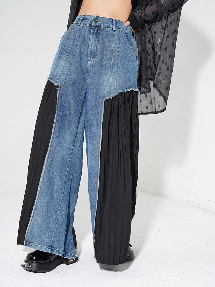 [EAM] High Elastic Waist Blue Denim Pleated Long Wide Leg Pants New Trousers Women Fashion Tide Spring Autumn 2024 1DH5079