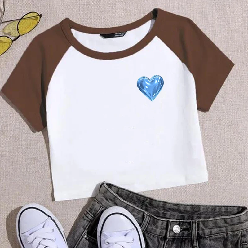 Shiny Pink Heart Print Cropped Tops Y2k T-Shirt Women Contrast Patchwork Short Sleeve O Neck Baby Tees Sexy Kawaii Cute Clothes image 4