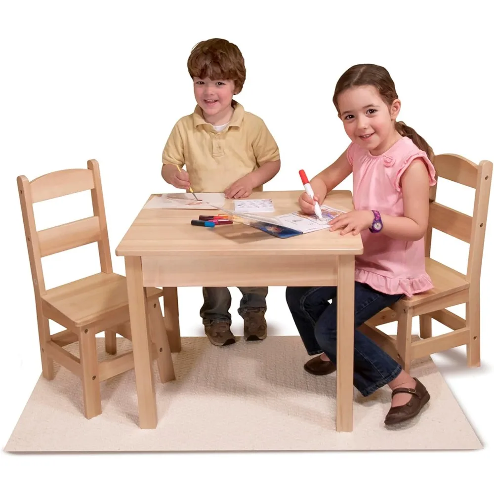 Melissa & Doug meja kayu padat dan 2 kursi set-furnitur ujung ringan untuk ruang bermain, pirang