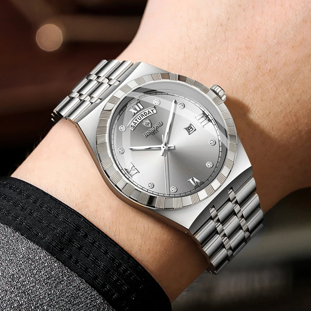 BINBOND ساعات رجالية 9356 موضة بسيطة ساعة كوارتز أصلية للرجل الملمس الهاتفي الفولاذ المقاوم للصدأ تاريخ الأسبوع الاتجاه فستان