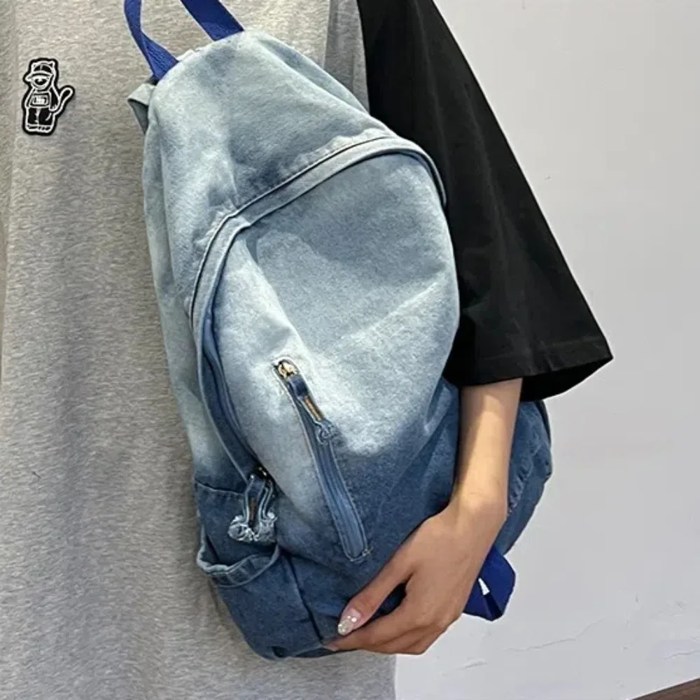 Y2K Korean Casual Denim Backpack Fashion Star Pattern Large Capacity Student Schoolbag Teenagers Vintage Punk Travel Book Bag