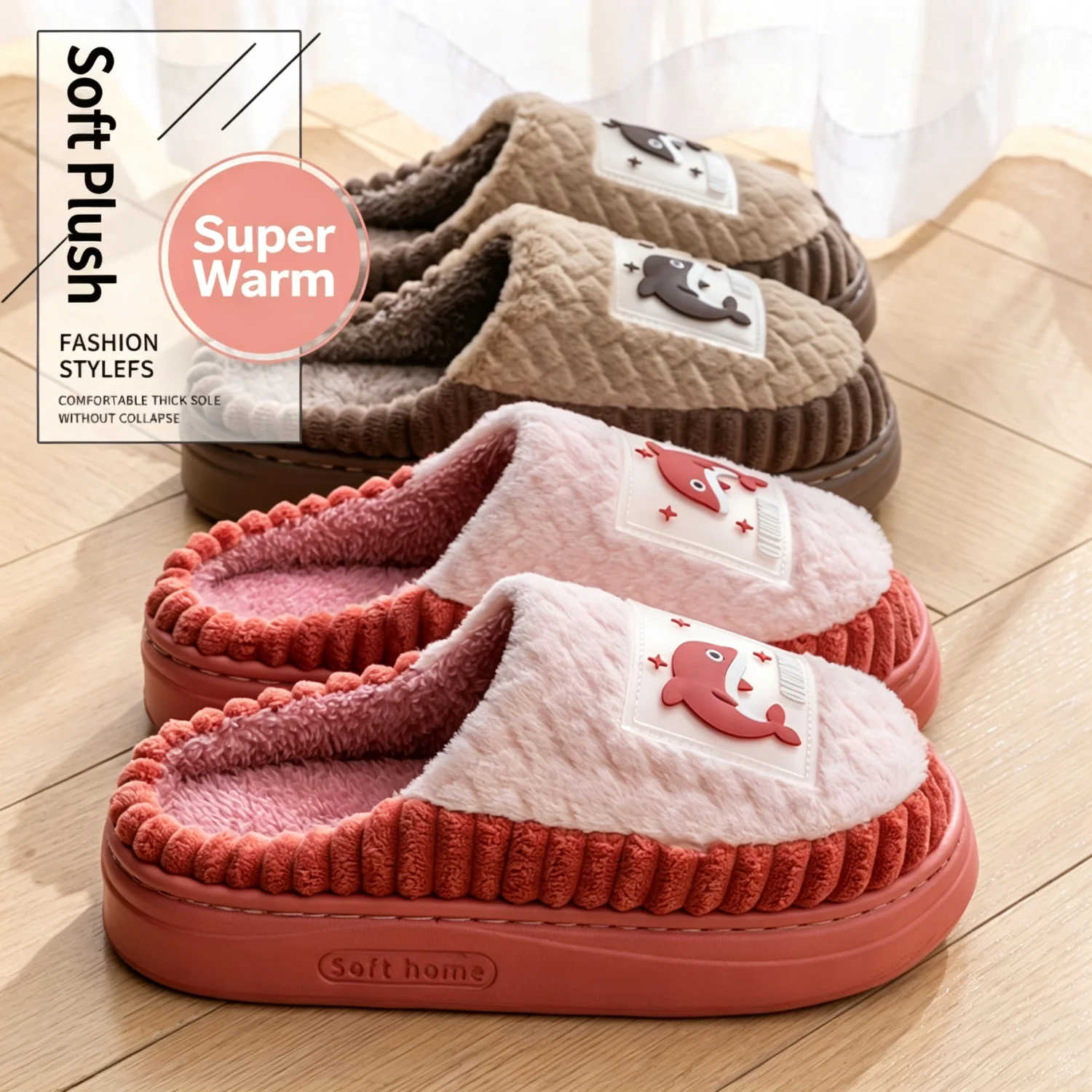 Cartoon Dolphin Plush Slippers Men Women Winter Warm Thick Sole House Shoes Indoor Fuzzy Non-Slip Comfortable Casual Footwear