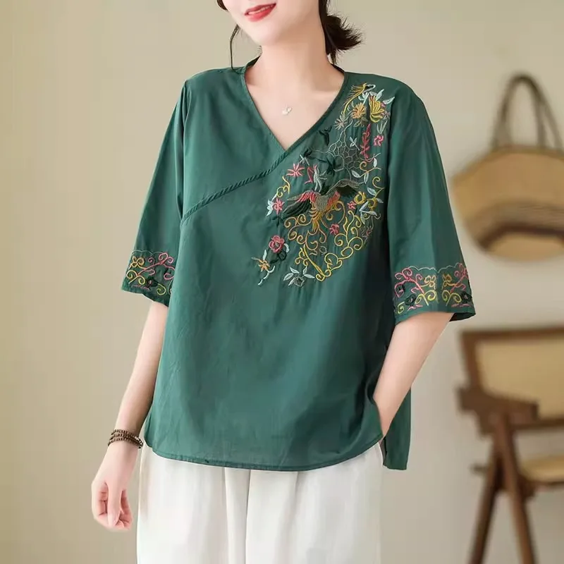 Chinese Style V-Neck Top Loose Short Sleeve Vintage Solid Color Embroidery Shirt Minimalist Flowy Summer Casual Tees Pullovers