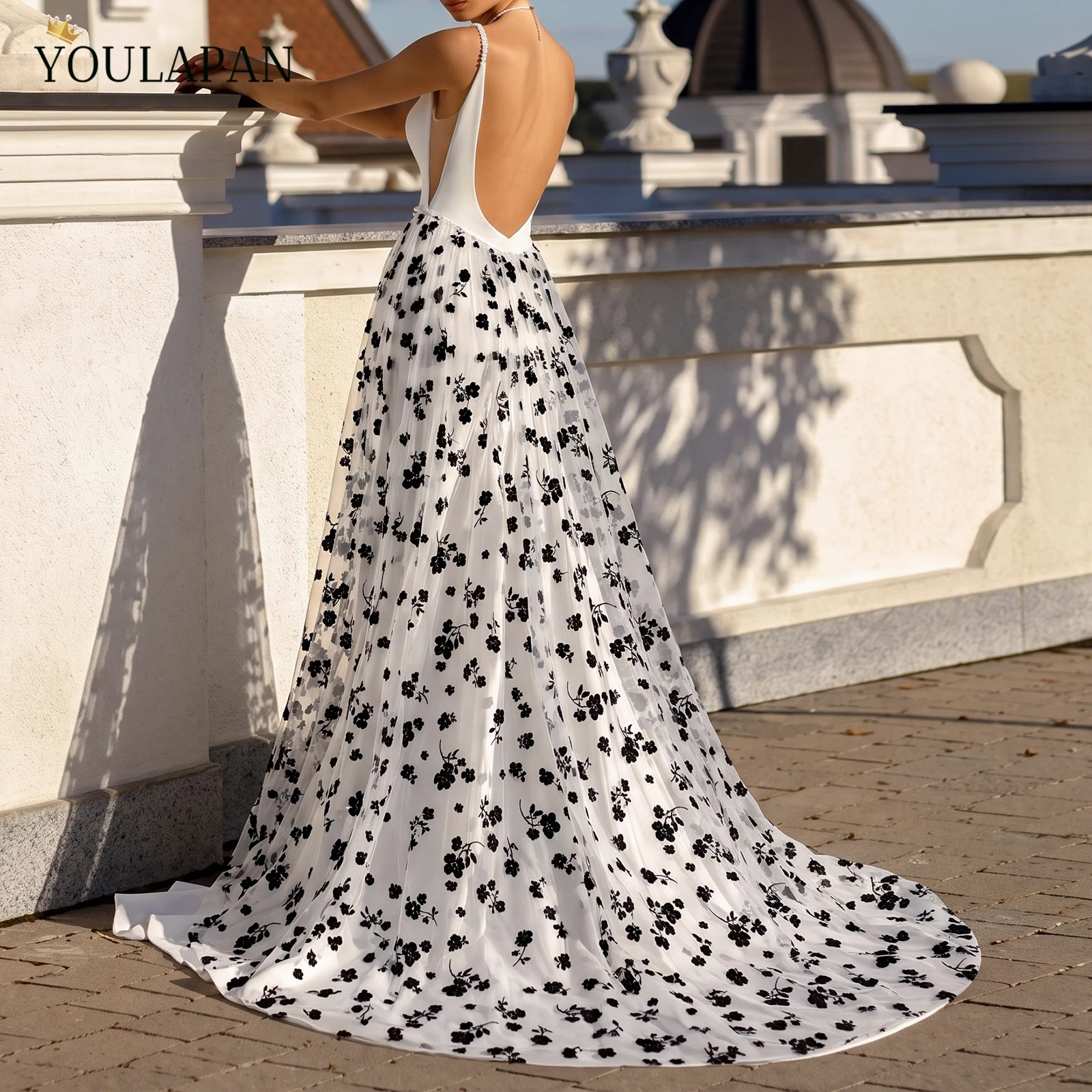 TOPQUEEN Black Floral Flocking Tulle Overskirt Detachable Wedding Skirt Long Train Halloween Accessories Can Be Customized VB38