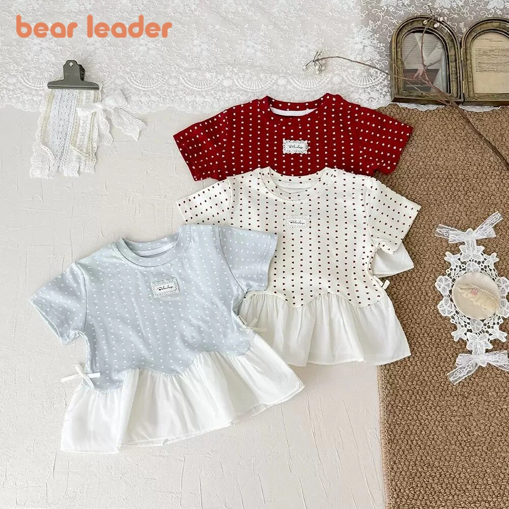 Bear Leader Korean Version Fashionable Sweet and Cute Round Short Sleeved Bow Polka Dot Top New Summer Girls Clothing for 2-6Y