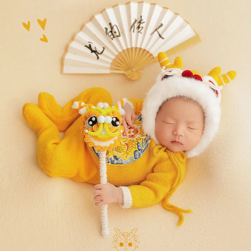 Baby Photography Props Costume Accessories Yellow Chinese Dragon Theme Jumpsuit Hat Dragon Doll Props Studio Photoshoot Outfits