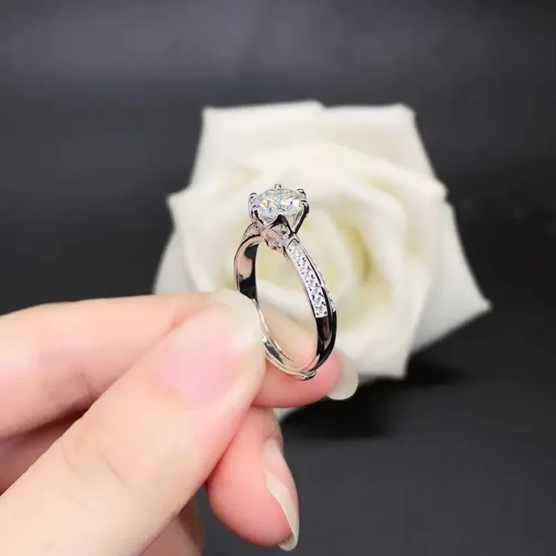 GoldEclat   Solid 14K White Gold AU585 Platinum PT950 Moissan Diamond Ring Opening Adjustable One Carat Proposal Ring
