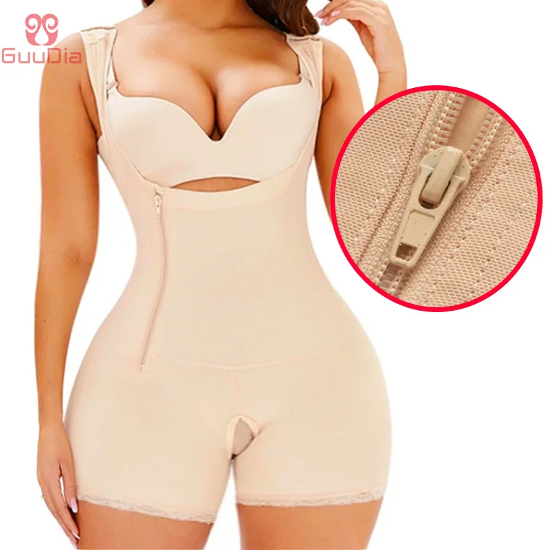 

GUUDIA Plus Size Side Zipper Open Crotch Row Hook Buckle Lace Hem Neat Lines Full Body Shapewear Butt Lifter Seamless Bodysuit