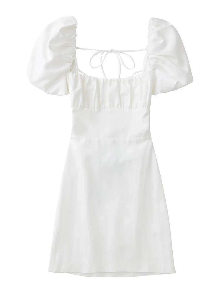 Vestido de linho branco feminino, gola quadrada, manga folhada curta, sem encosto, alças cruzadas, moda feminina