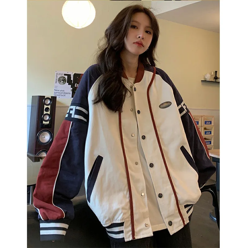 

Loose Women's Hiphop Vintage Biker Jacket Street Style Thin Quick Dry Polyester Casual Comfortable Baseball Coat Outerwear