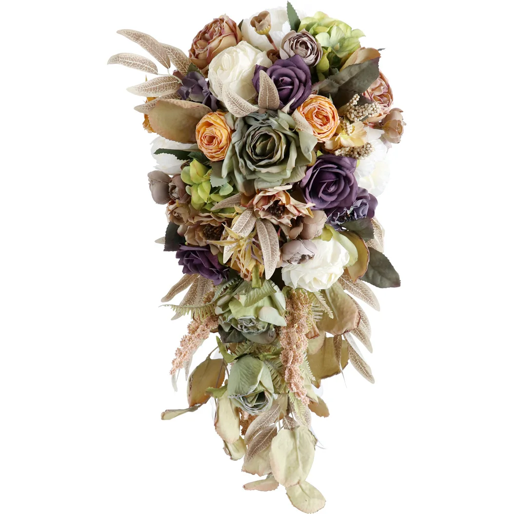 باقة الزفاف البنية، زهور الورد الاصطناعية للعروس مع أشرطة، زهرة وهمية لوصيفة العروس #6