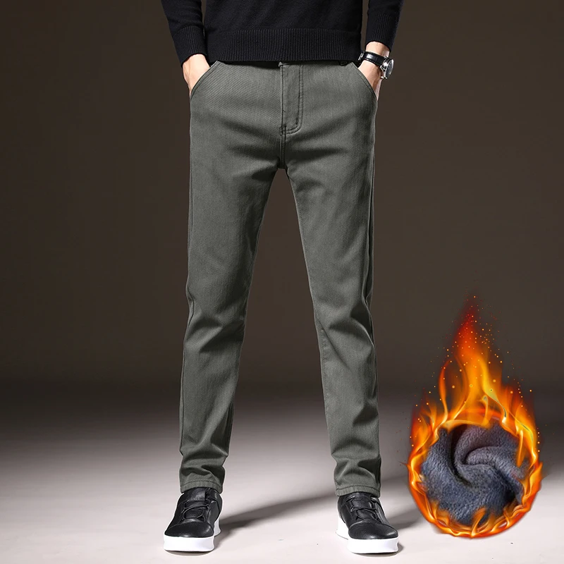 Thickened Fleece Lined Mens Casual Pants Winter Warm Soft Fabric Elastic Straight Pants Comfortable Daily Wear Slim Fit Trousers