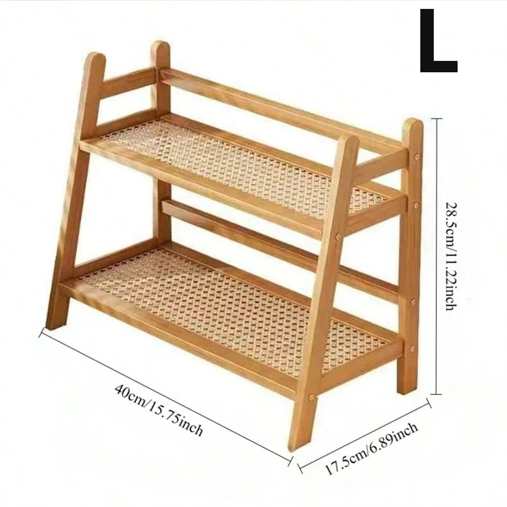 2-Tier Bamboo Storage Rack with Rattan Shelf, Natural Wood Desktop Organizer for Kitchen Spice, Bathroom Cosmetics & Plants, Boho Home Decor