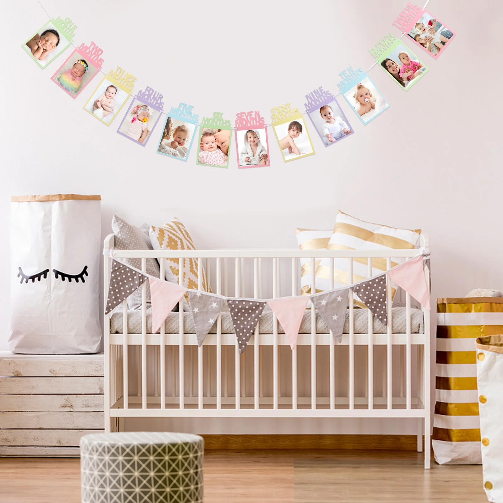 

2Pcs Birthday Photo Banner Hanging Decoration for Party Wall Decor Light Weight Buntings Display Growth Trace of Babies