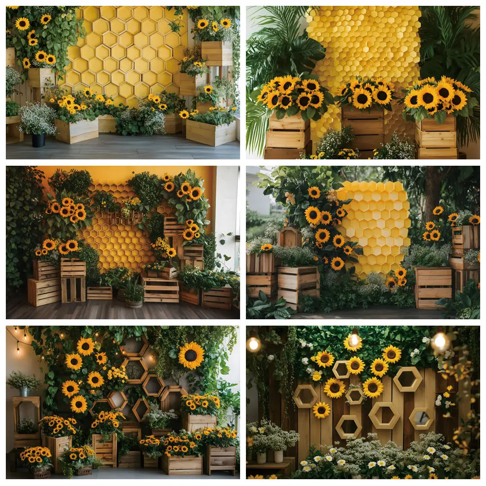 

Spring Sunflower Bee Photography Background Honeycomb Wood Beehive Baby Shower 1st Birthday Kids Portrait Photo Backdrop Decor