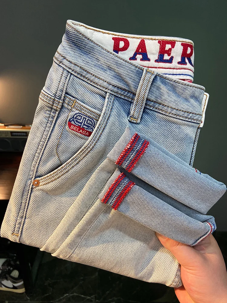 남성용 프린트 자수 여름 트렌디 브랜드 청바지, 라이트 블루, 신축성, 슬림핏, 작은 발, 얇은 바지