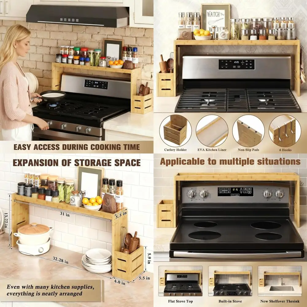 

Прочная бамбуковая полка для плиты 31 с нескользящей подкладкой, 6 крючков, держателем для посуды и полкой для специй для стандартных плит — желтый