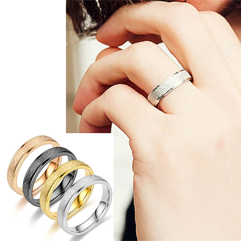 Stainless Steel Frosted Thin Stackable Ring Black For Men Women 4mm Hip Hop Index Finger Rings Couples Wedding Band Jewelry
