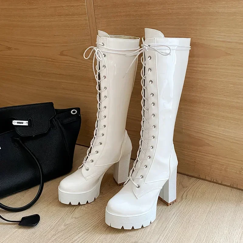 Round-toe Lace-up Women's Patent Leather Knight Boot Knee-length Waterproof Platform Thick-heeled High-heeled Women's Sexy Boots
