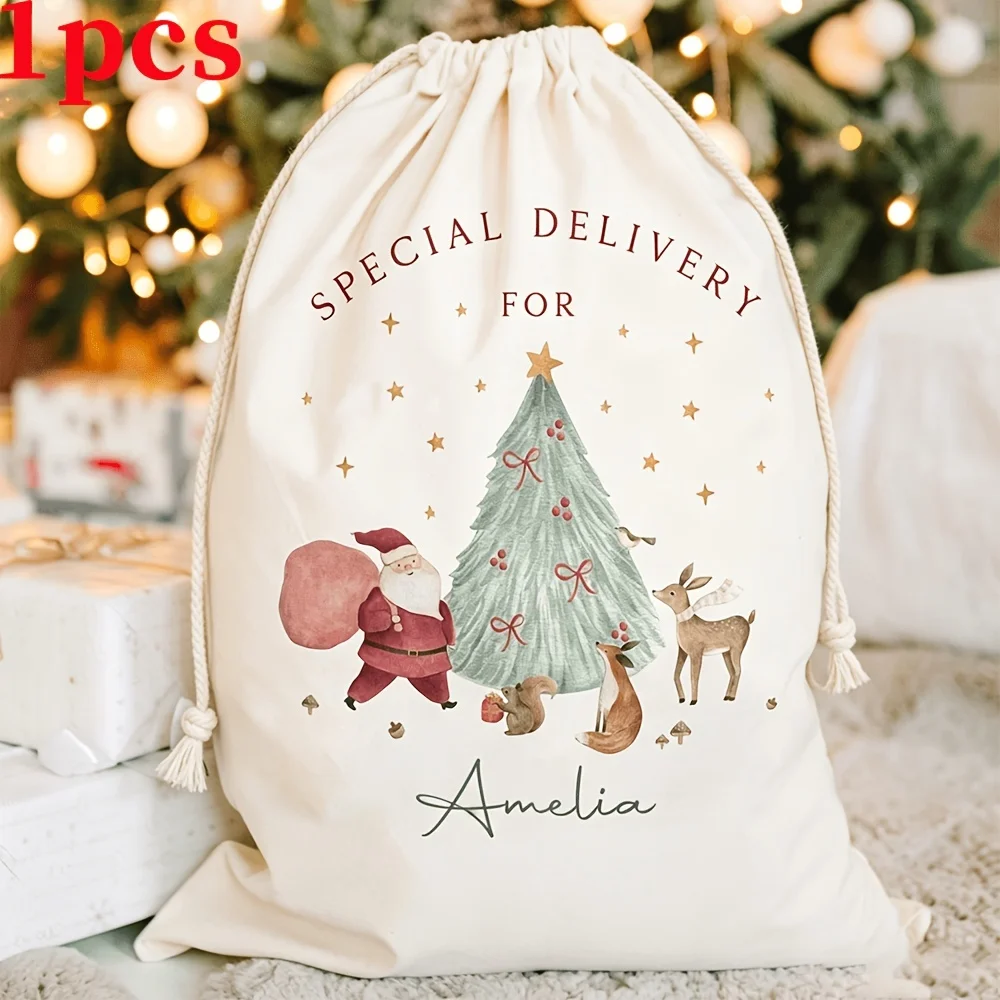 1Pc Personalized Custom Name/Text Santa Imitation Hemp Drawstring Gift Bag,Party Candy Bags,Christmas Gift for Family and Friend