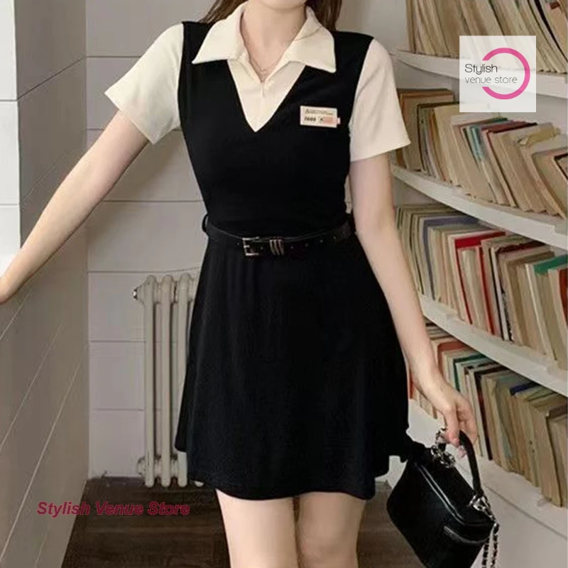 

Summer college style polo neck stitching fake two-piece dress female French waist short sleeve plus size loose slim A-line skirt
