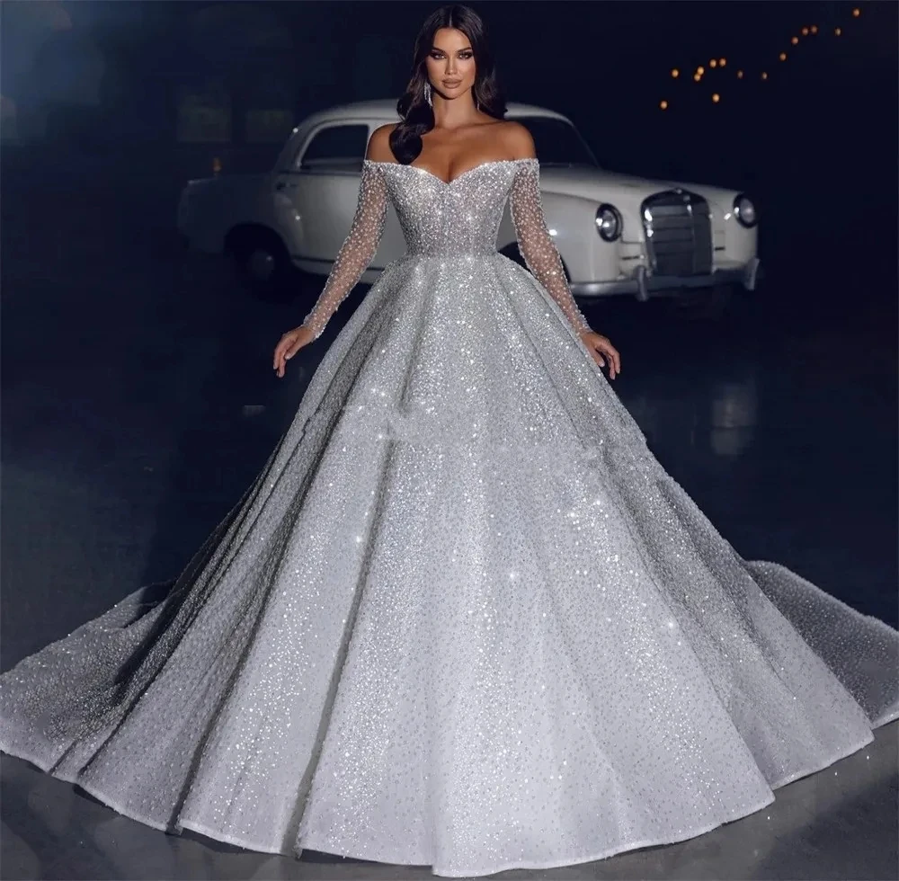 2025 Arabia Glitter Princess Wedding Dress Off Shoulder Sparkly Long Sleeves Bridal Gowns A-Line Vestidos De Novia Customized