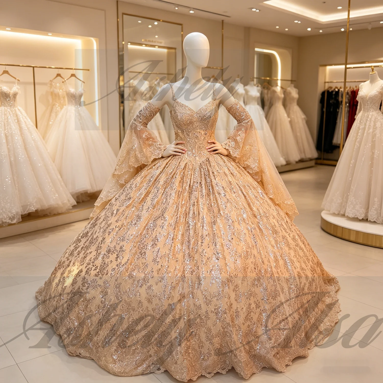 gold dress puffy Gold Evening Dress with Puff Sleeves and Wrap Design Montania Shop