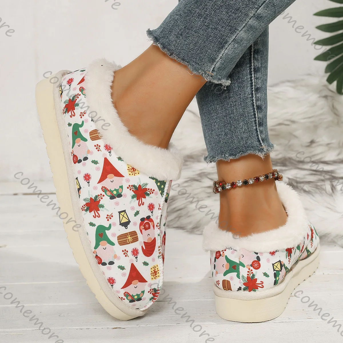 Comemore Large Size Cotton Shoes Winter New Padded Thickening Slip on Boots Casual Flat Bottom Printing Round Head Women's Shoes