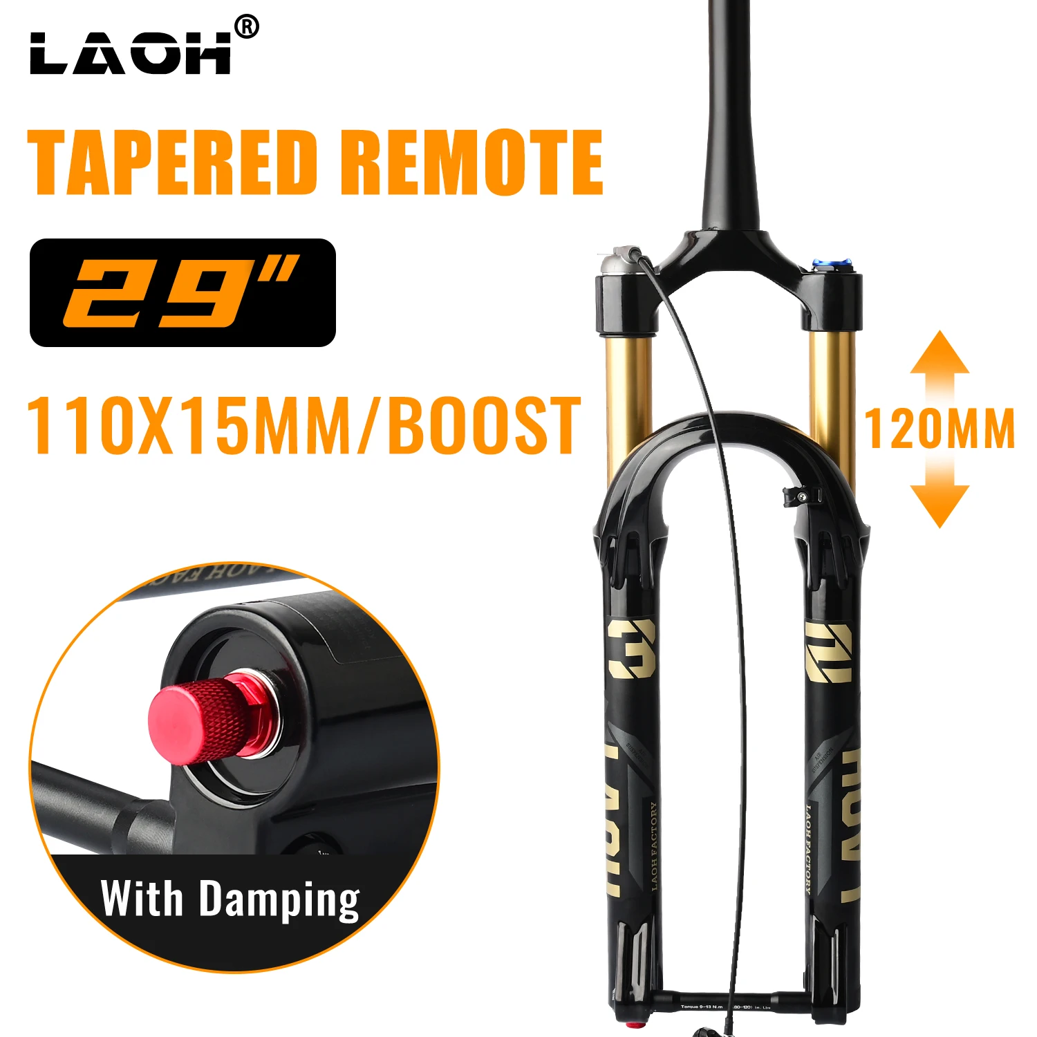 LAOH 27.5/29 Inch MTB Fork with 120mm Stroke, Cone Tube Rebound Adjustment, 15mm × 110mm Axle Bicycle Fork and Bicycle Shock Abs