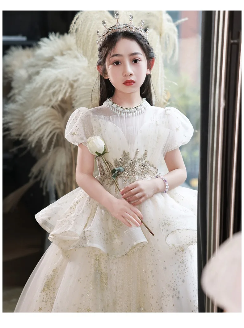 Champagne Dress Sequin Lace Appliques Princess Pageant Birthday Party First Communion Gowns Flower Girl Dresses For Wedding