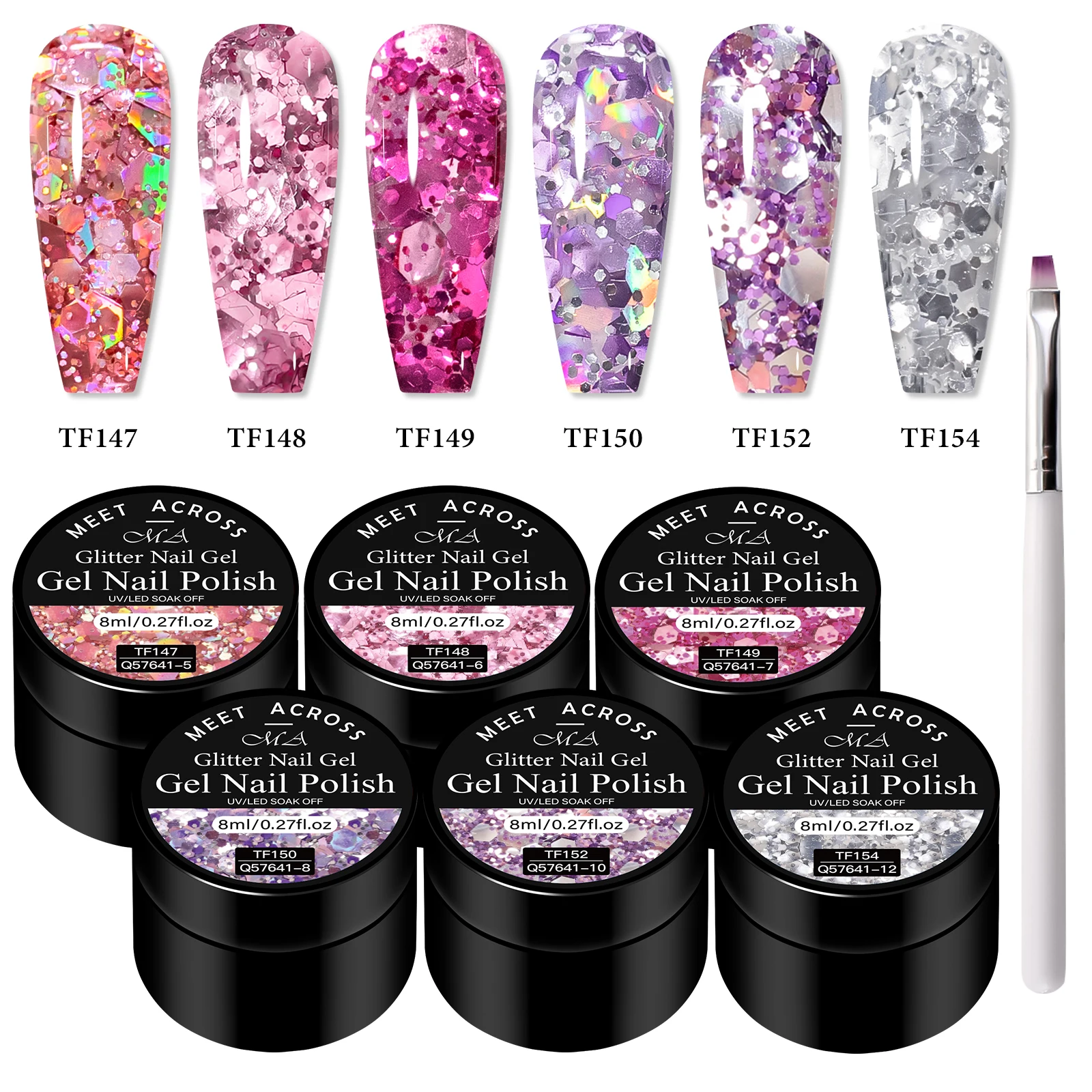7pcs Glitter Sequins Gel Nail Polish Set Pink Silver Laser Glitter Semi Permanent Soak Off UV Gel Varnish Manicure Nail Supplies