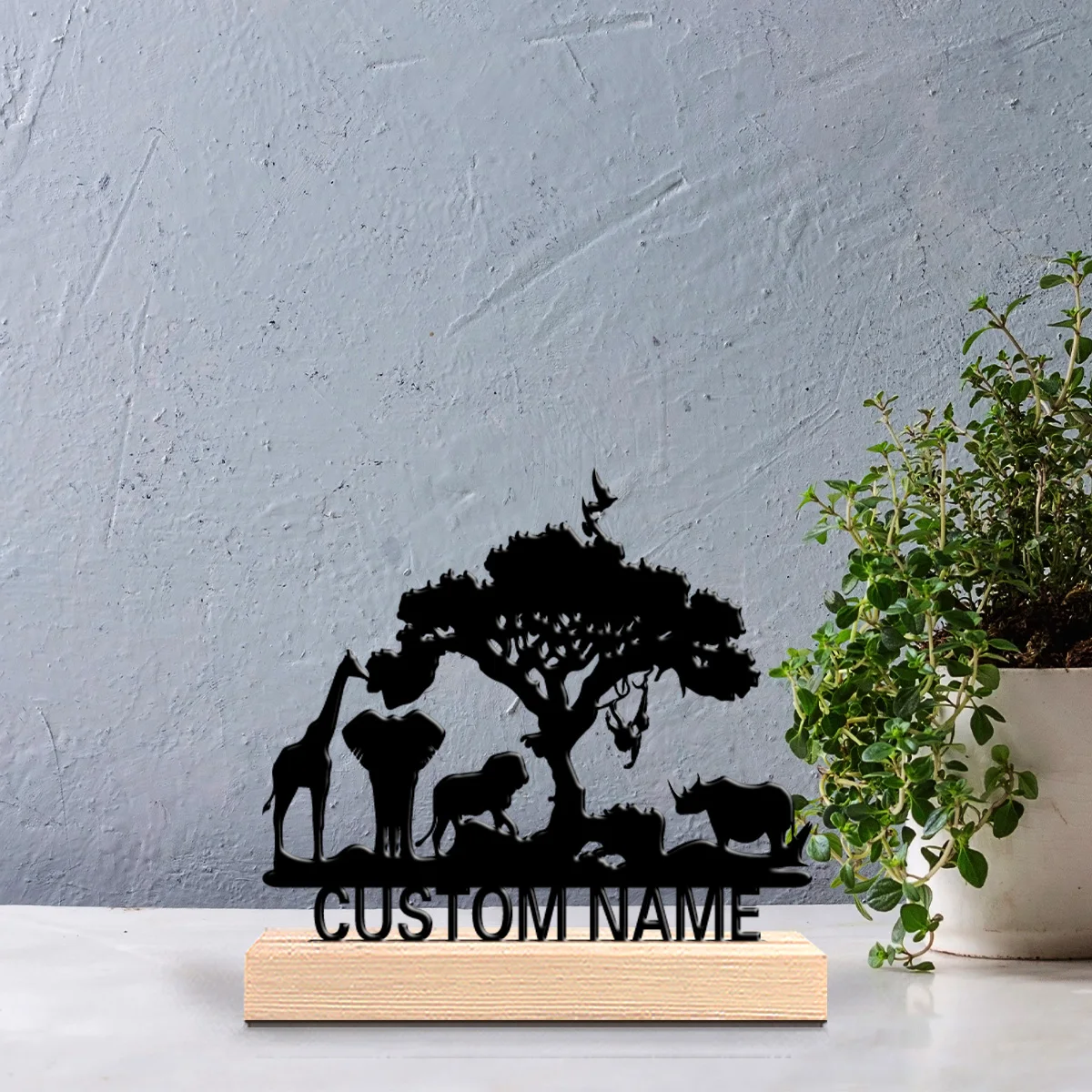 1pc Cute Personalized Custom African Grassland Animals Metal Statues Outdoor Desk Sculpture With Wooden Base Ideal For Campers