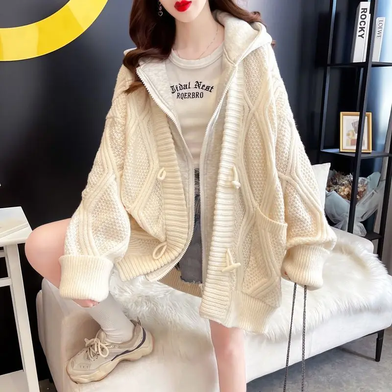 2023 New Spring and Autumn and Winter Simple Jacquard Thickened Lazy Loose Casual Fake Two Piece Hooded Knitted Sweater Cardigan