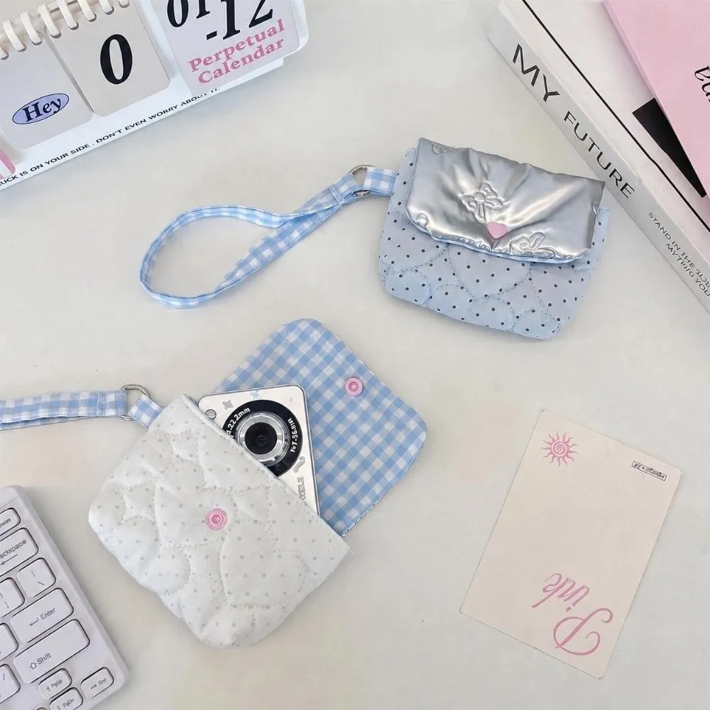 Portable Mini Earphone Storage Bag Quilted Love-heart Polka Dot Camera Storage Pouch Snap Button Coin Purse for Women Girls