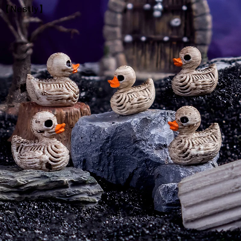 Mini esqueletos de patos, decoraciones de Halloween, miniaturas de patos aterradoras de resina, figuras decorativas para el hogar, micropaisaje, 5 uds.