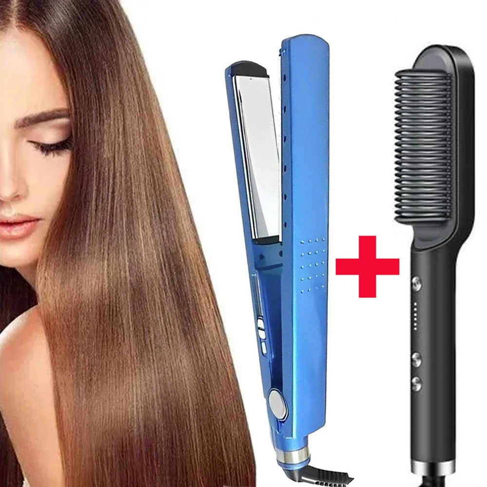Conjunto Alisador e Pente Aquecido Bivolt 110V 220V Portátil Escova Modeladora para Viagem e Uso Diário